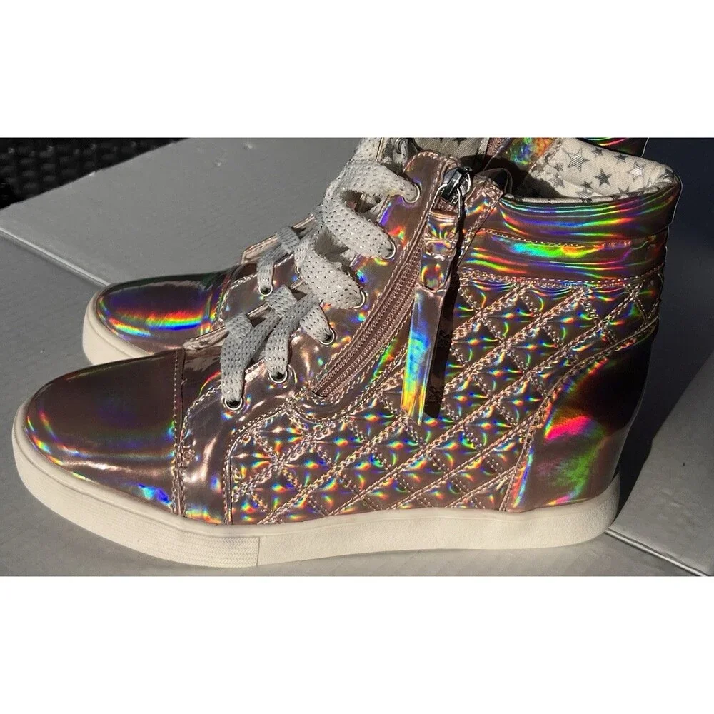 New Justice Rose Gold Holographic Quilted Wedge High Top Sneakers Girls Size 8